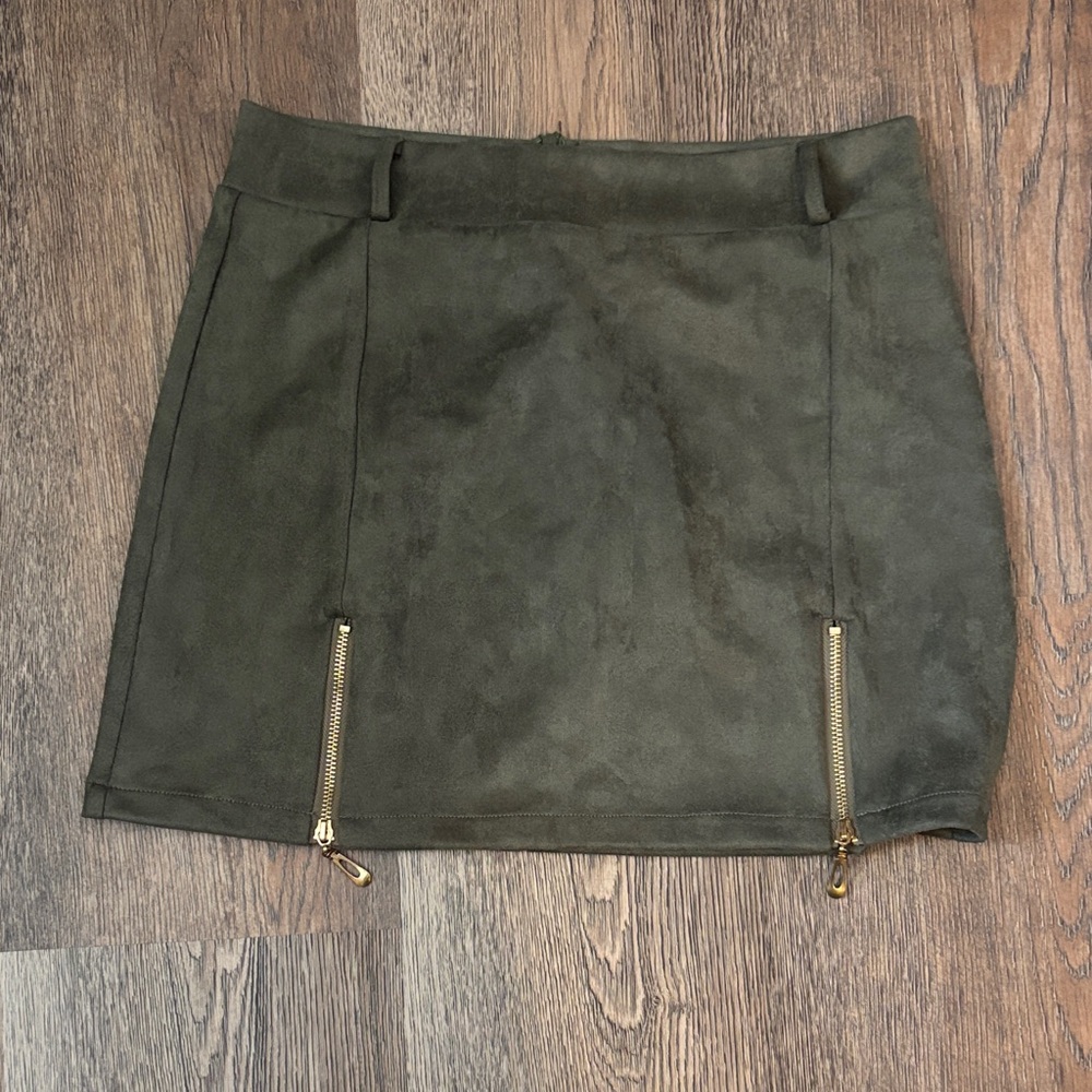 Olive Green Suede Mini Skirt with Zipper Accents